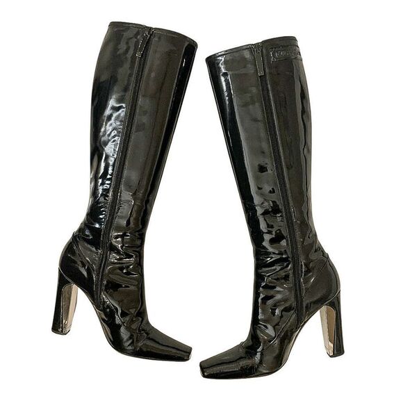 Louis Vuitton Black Patent Leather Knee High Heeled Boots EU 36.5 Square Toe - Picture 4 of 10